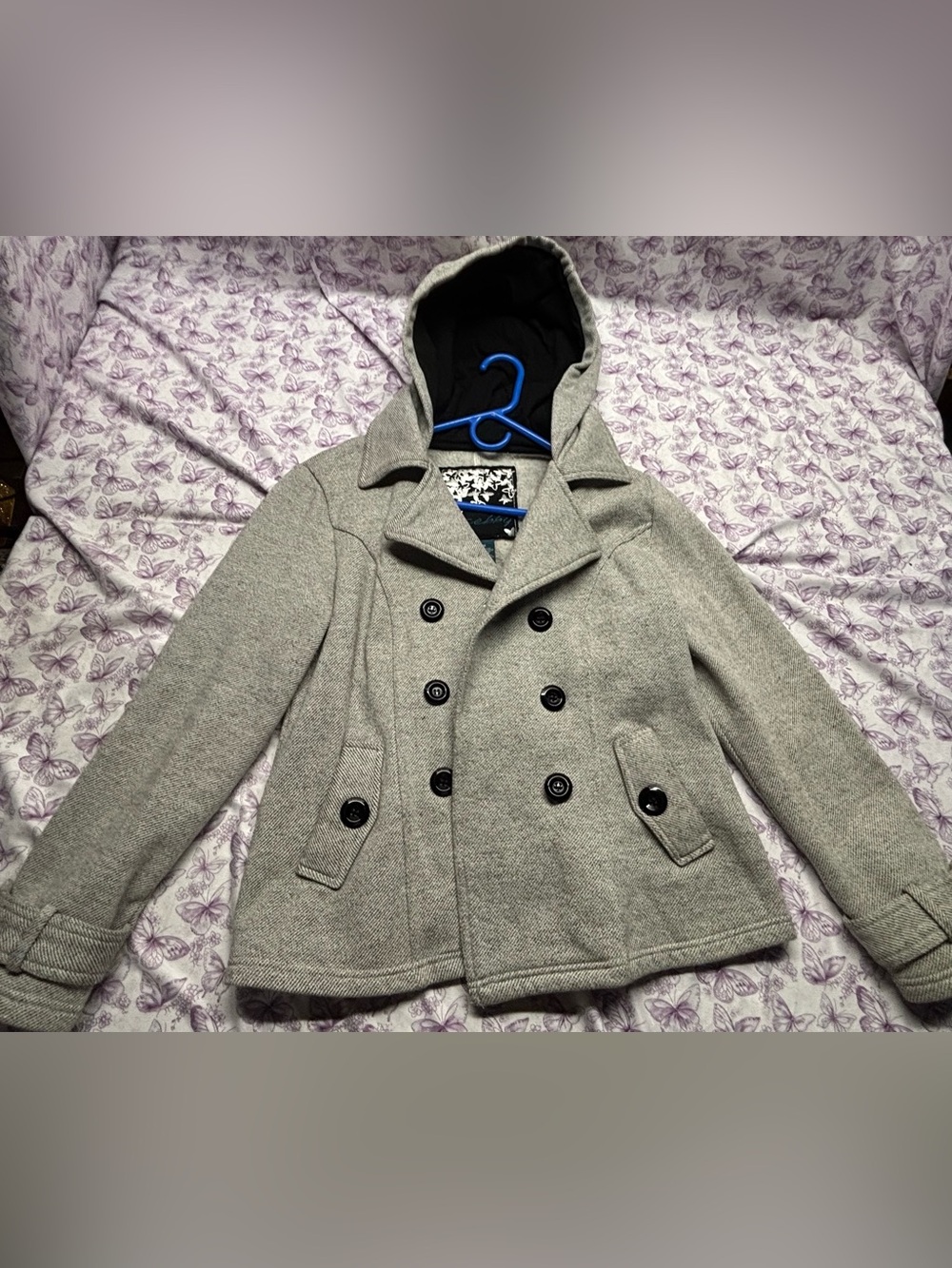 ⚛️Sebby Gray Double-Breasted Hooded Pea Coat